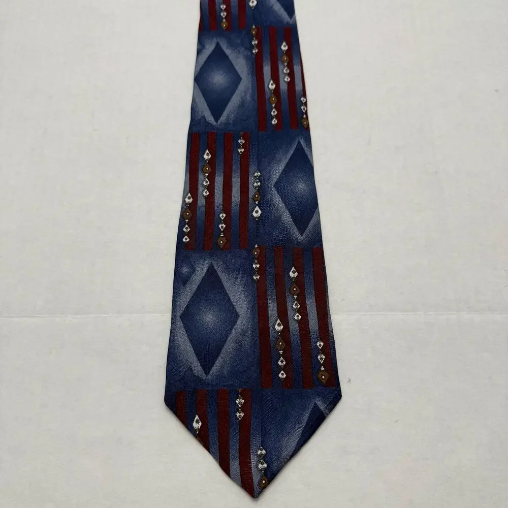JT Beckett Silk Tie Blue Diamond Vertical Stripe Burgundy Italy Made